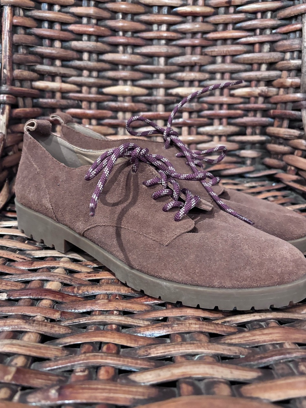 Crown Vintage Brown Suede Lace-Up Flats with Purple Accent Laces in size 10